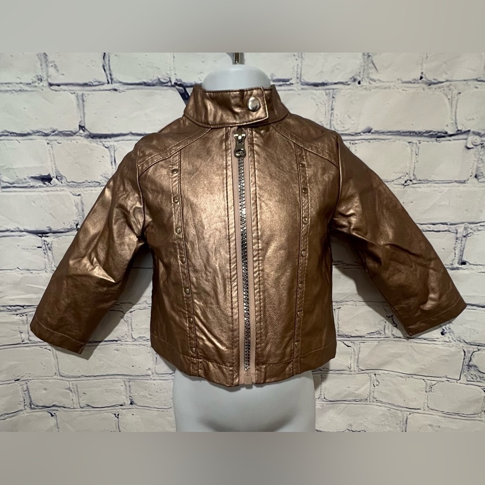 Little Lass Girls Jacket Brown Rose Gold Faux Leather Studded Zip Snap 12 Months